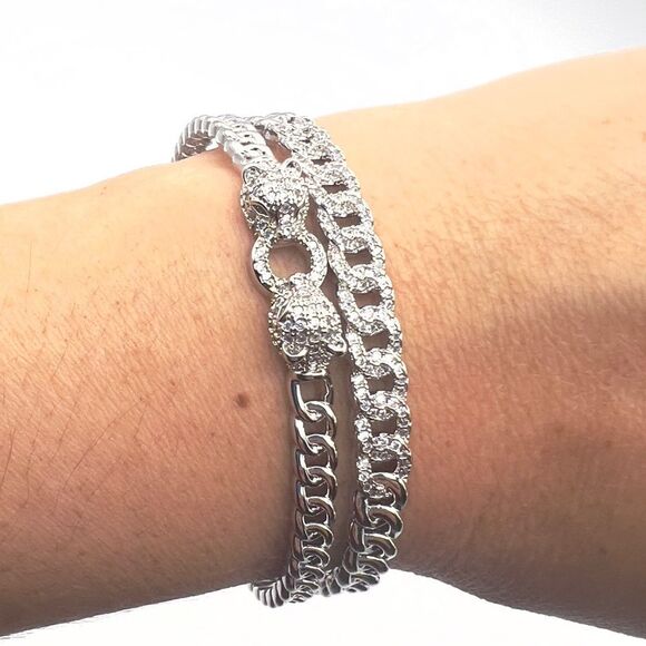 Jewelry - 14k white gold filled double-bangle panther bracelet Cuban link